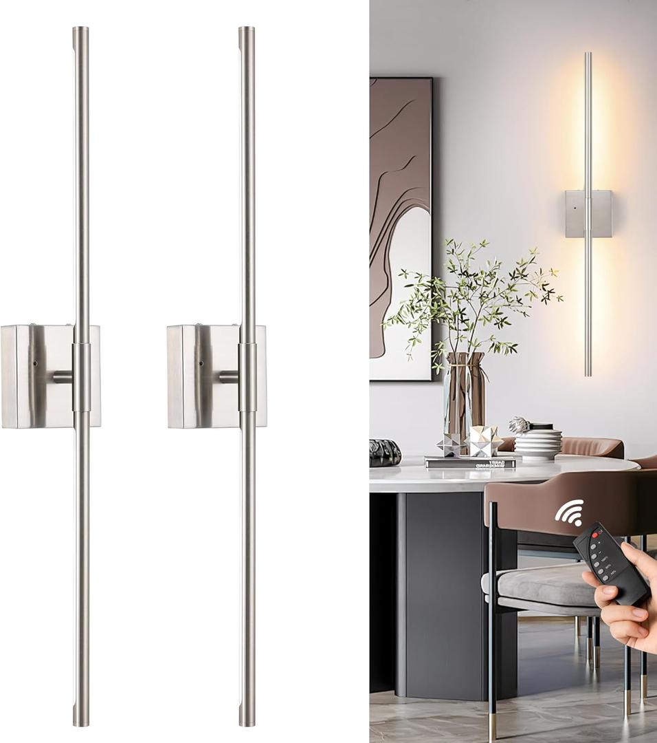 40 Inch Sand-Nickel Battery Operated Wall Sconces Set of Two, Dimmable Wall Sconces with Remote Control, Rechargeable Sconces, LED Wireless Wall Lights for Bedroom, Living Room, Bathroom