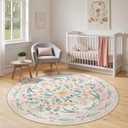 Round Boho Nursery Rug 8ft Pink Floral – Soft Washable Circle Rug for Girls Bedroom, Non-Slip Kids Carpet for Playroom & Baby Crib Area