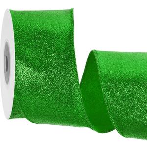 MECCANIXITY 2.5 Inch Glitter Wired Ribbon, Green Sparkly Iridescent Ribbon 5 Yard for Christmas Tree Wreath Decoration Gift Wrapping, with Metallic Edge