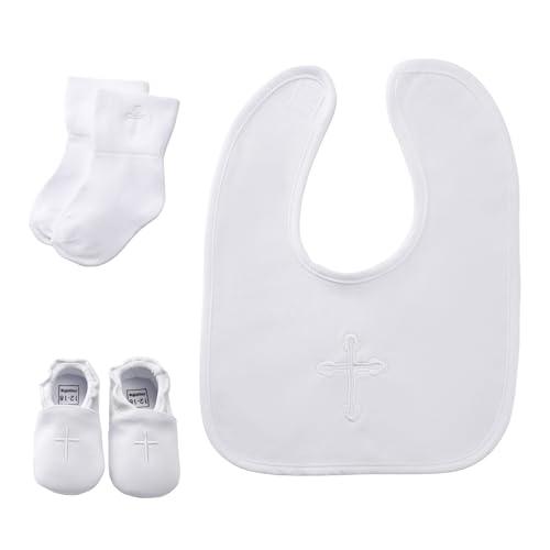 Baptism Gifts Set for Boys and Girls,White Embroidered Cross Bibs Christening Shoes and Socks for Baby Infant,Catholic Baptism Outfit Gifts for Boys Girls,Christening Outfits for Bautizo Niño Niña