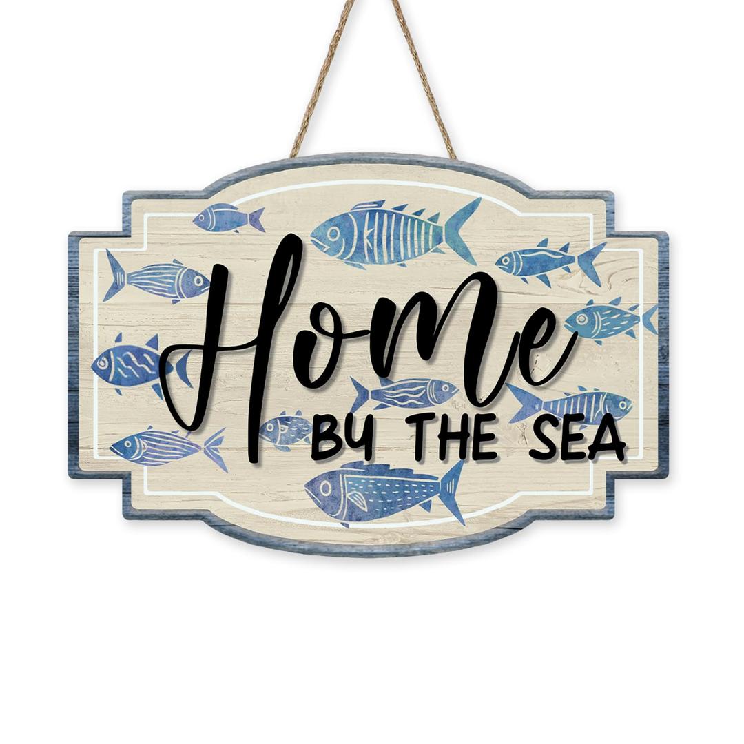 Bolisom Home by The Sea Front Door Sign, Beach Coastal Sea Fish Wood Hanger Outdoor Outside Porch Home Decor, Nautical Ocean Wooden Wreath Indoor Wall Hanging Decoration