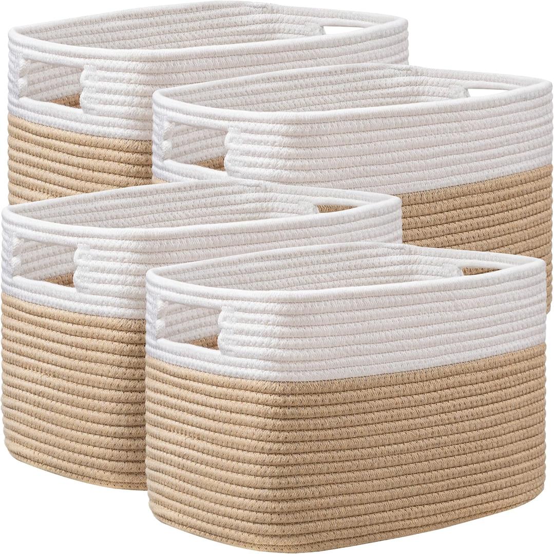 UBBCARE 4 Pack Storage Baskets for Organizing, Shelf Baskets with Handles, Woven Storage Baskets for Bookcase/Cube Shelf/Closet, 14.5"L x 9.8"W x 9"H, White&Brown
