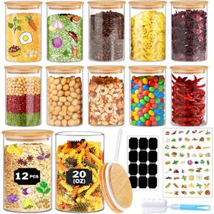 Glass Jars with Bamboo Lids 20 oz, 12 Pcs Stackable Kitchen Glass Pantry Storage Containers with Airtight Bamboo Lids for Rice, Candy, Sugar, Flour, Nuts, Cookie, Bean