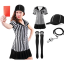 SATINIOR 5 Pcs Women Referee Costume Set Umpire Outfit Stripe Ref Shirt Hat Long Socks Whistle for Halloween Cosplay Party, XL