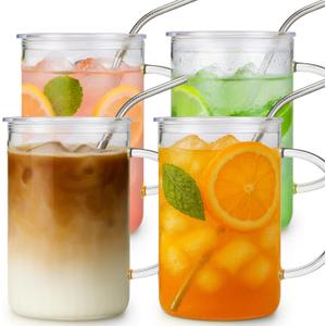 Sieral 4 Pack 33.8 oz Glass Tumbler with Straw and Lid Large Glass Cup with Handles Iced Coffee Glasses Reusable Drinking Glasses Set for Iced Coffee Smoothies Drink Juice for Birthday Valentine Gift