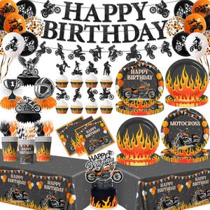 Dirt Bike Birthday Party Decorations,188pcs Flame Motocross Theme Birthday Set include Flame Racing Plates and Napkins,Cake Topper, Balloons,Motorcycle Banner for Boy Motorcycle Party Supplies