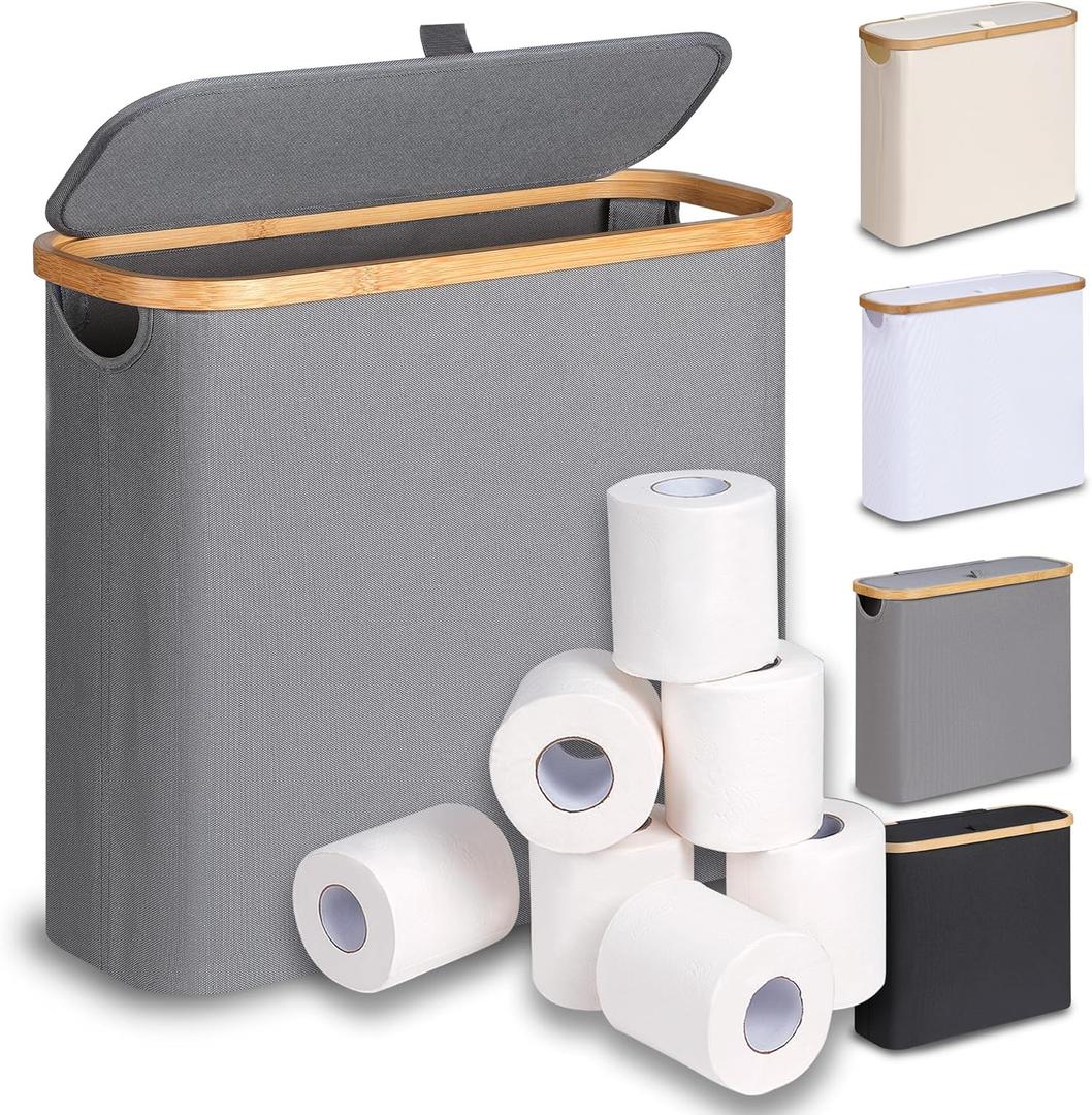 efluky Toilet Paper Basket 28L, Toilet Paper Holder with Lid for Bathroom, Free Standing Storage Organizer Holds Up to 9-12 Rolls (Grey, 1)