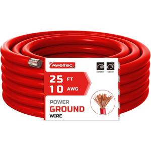 10 Gauge Wire, 25 Feet Red Power Ground Cable, Primary Automotive Wire, Copper Clad Aluminum for Battery Cable, Car Audio, Amp Wiring, Generator, Automotive, RV