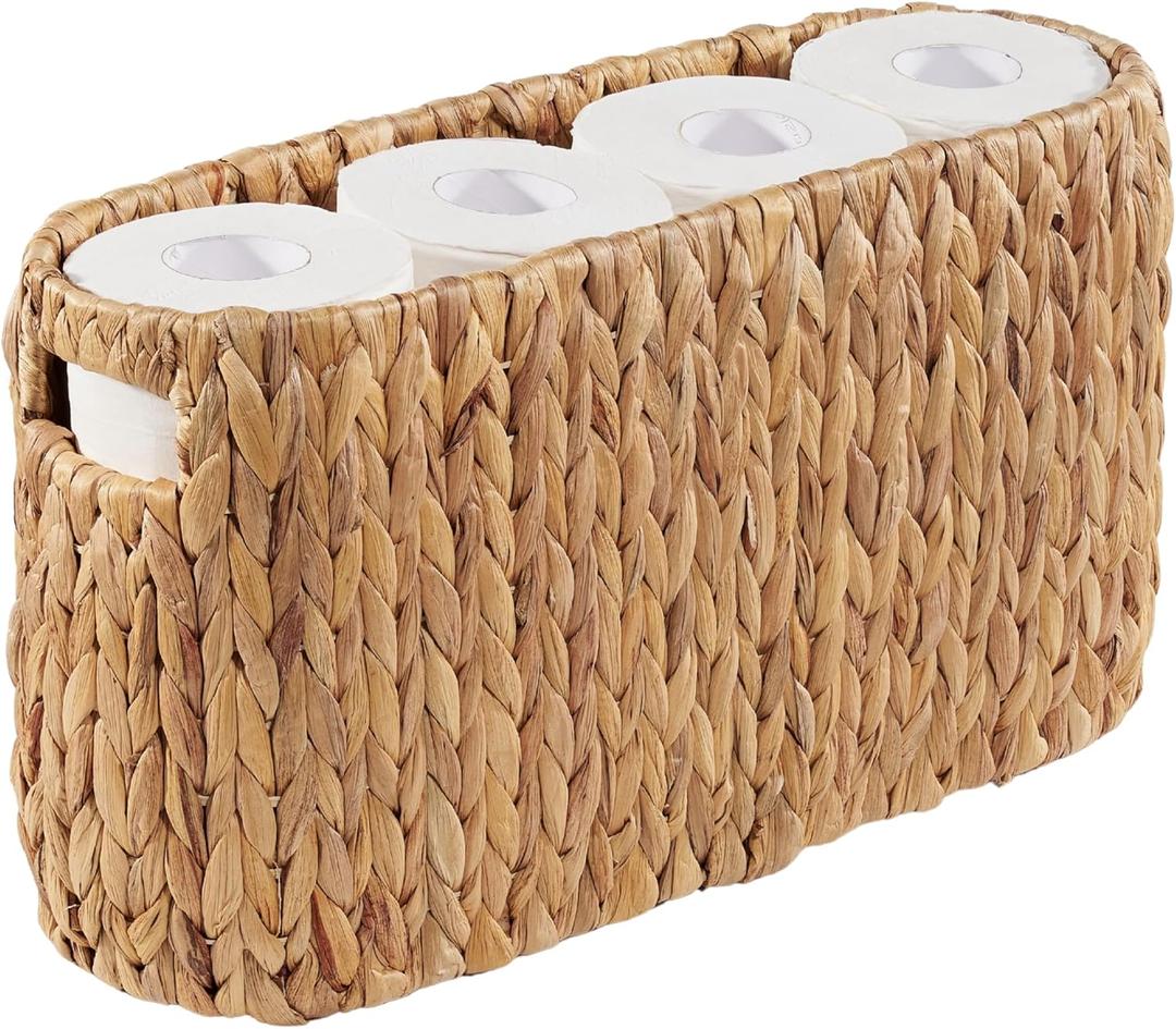 Toilet Paper Storage Basket, Toilet Paper Holder with Storage for Up to 8 Rolls, Coastal Bathroom Decor, Rattan Bathroom Accessories (6 Mega Rolls, Natural)