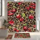 4 PCS Leopard Print Cherry Shower Curtain Set 72Wx72H,Toilet Lid Cover,Non-Slip Rugs and U-Shaped Mat,Cheetah Lips Bathroom Sets with Rugs Shower Accessories 12 Hooks for Bathroom Decor