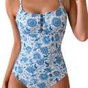 B2prity One Piece Swimsuit for Women Tummy Control Retro Bathing Suit Button Up Slimming Swimwear (Blue, L)