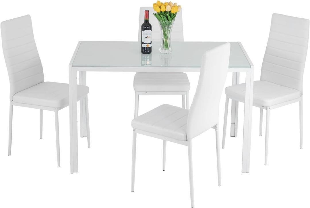 FDW | 5-Piece Dining Table Set | White | Glass Kitchen Table with 4 Upholstered Chairs and Faux Leather Cushions | Space-Saving and Modern Design | for Dining Room, Easy to Assemble