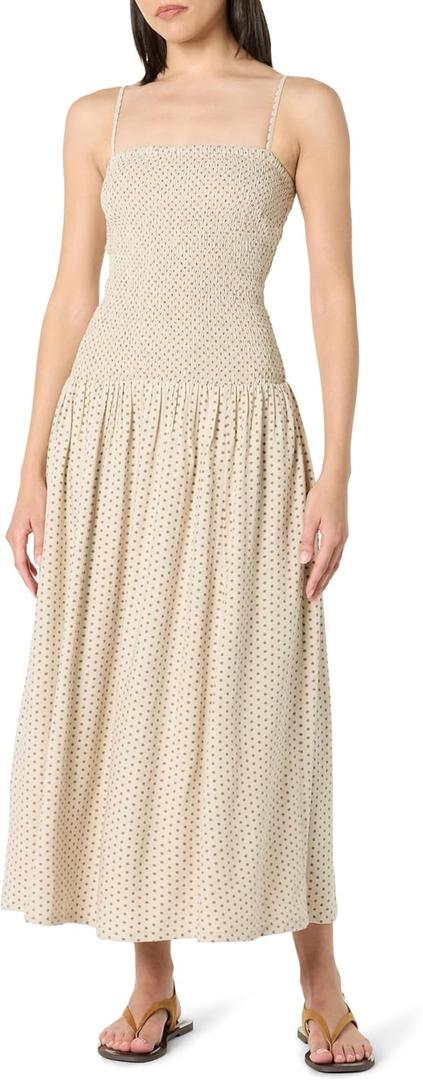 The Drop Women's Florencia Smocked Bodice Linen Maxi Dress (Whisper White/Sepia Tint Polka Dot, XL)