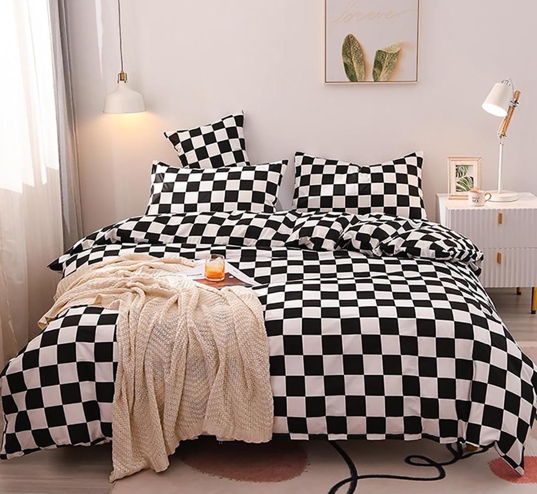 KAREVER Black White Grid Comforter Queen Black Plaid Bedding Set Women Black and White Checkered Bed Comforter Set Breathable Blanket Set Men Durable Bedding Comforter Set