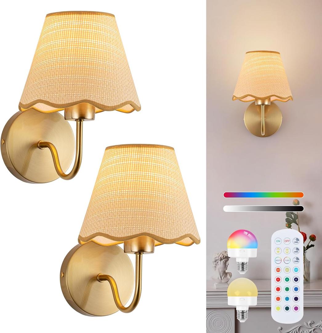 ADISUN Battery Operated Wall Sconce Set of 2, Gold Wall Lamps Rechargeable Bulbs for Living Room, Rattan Shade Wireless Wall Lights for Bedroom Living Room Hallway Kitchen