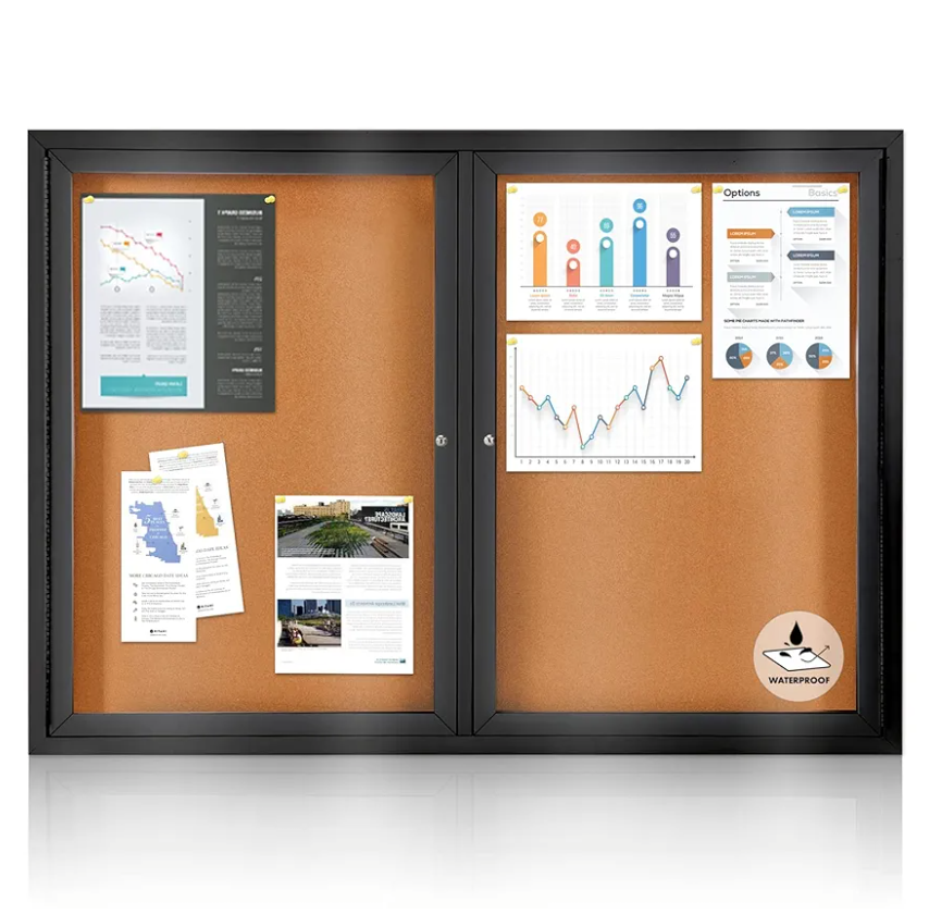 Enclosed Bulletin Board Outdoor Noticeboard with Locking Door, Weather-Resistant, Cork, Black Aluminum Frame, 48 x 34 in Enclosed Bulletin Board Outdoor Noticeboard with Locking Door, Weather-Resistant, Cork, Black Aluminum Frame, 48 x 34 in