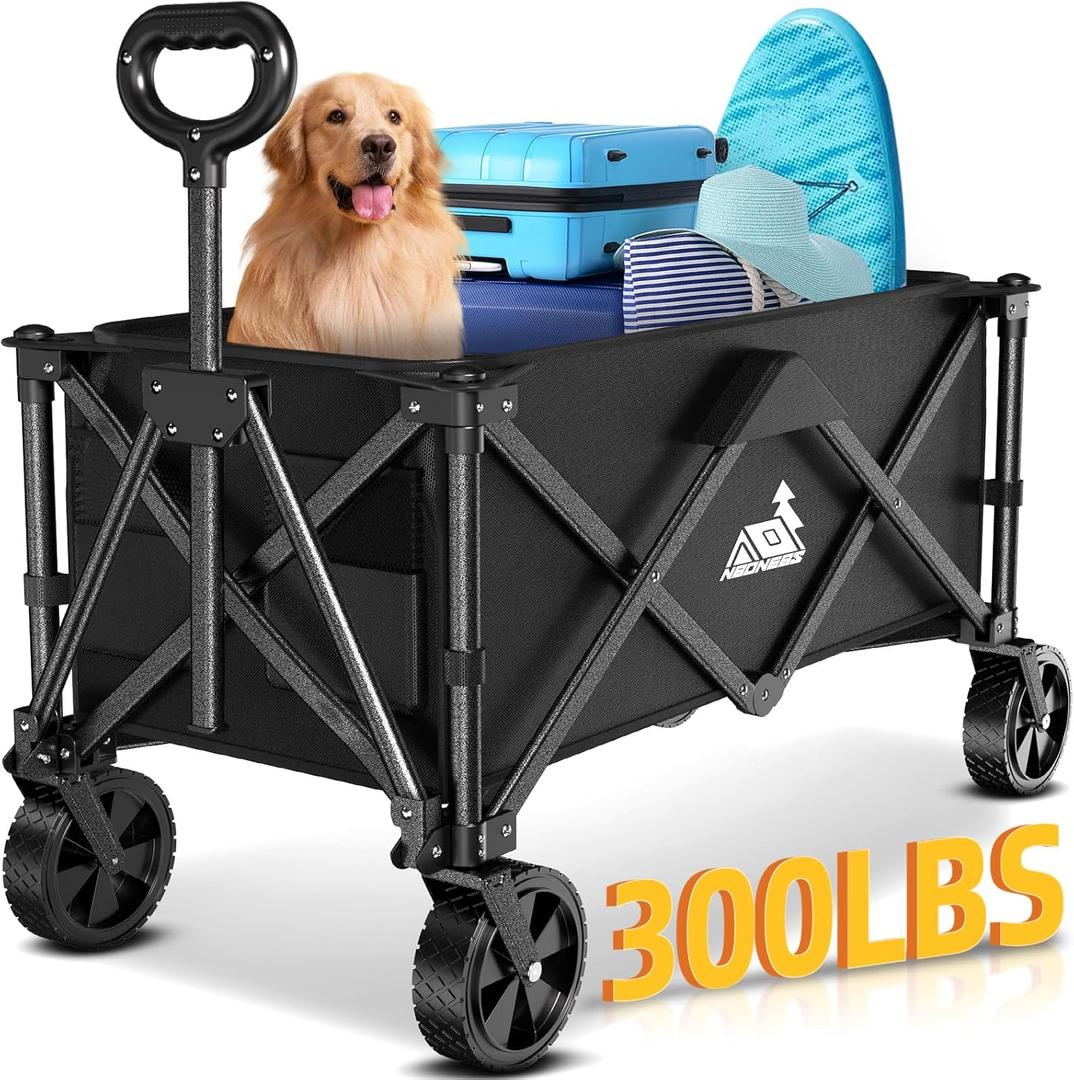 Collapsible Wagon Carts with Large Capacity, Utility Beach Wagons Heavy Duty Foldable,Side Pockets,300lb Load-Bearing Outdoor for Camping, Garden, Sports, Picnic, Shopping-Black U-h