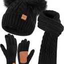 Winter Hat Scarf Glove Set for Women, Fleece Lined Beanie with Double Pom Pom, Touchscreen Gloves Knit Scarf for Cold Weather (Black)