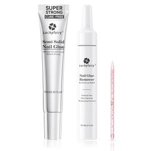 Super Strong Nail Glue for Press On Nails: 10g Semi Nail Glue with 12ml Glue Remover Kit, Quick Dry, No UV Lamp Needed with Gentle Non-Acetone Remover, Long Lasting for Acrylic Fake Nails Tips
