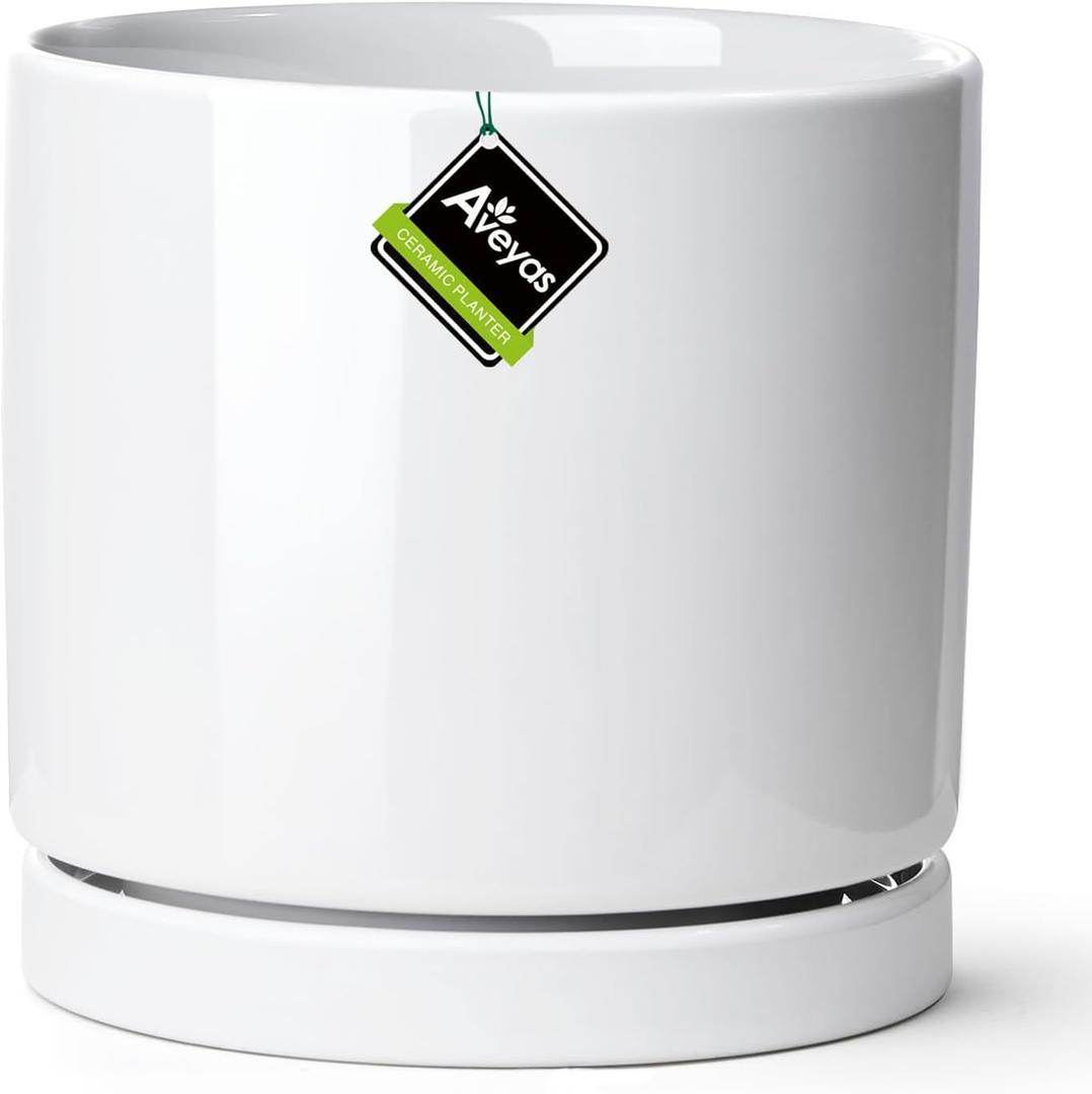 Aveyas 10 inch Ceramic Planter Pot with Drainage Hole and Saucer - Suitable for Indoor and Outdoor Use, Modern Planters for House Garden Flower Tree Snake Monstera Plants (10", Glossy White)