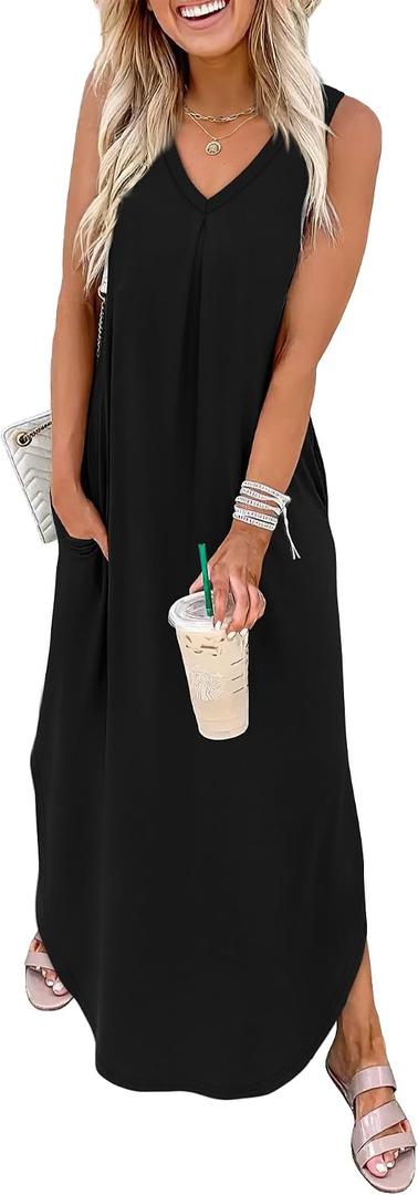 OFEEFAN Maxi Dresses for Women 2026 Loose V Neck Sleeveless Casual Beach Vacation Dress Side Slit Sundresses with Pockets (Black, M)