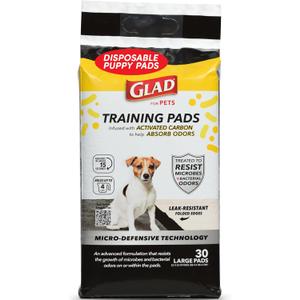 Glad for Pets Activated Carbon Dog Training Pads with Anti-Microbial Technology, Odor Eliminator Pee Mats for Dogs, 6-Layer Leak-Proof Heavy Duty Indoor Puppy Potty Pads, 23 x 23 Inches, 30 Count
