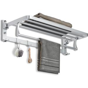 24 Inch Towel Racks for Bathroom Wall Mounted, Foldable Towel Rack with Shelf, Towel Storage Organizer with Movable 5 Hooks for Bathroom Lavatory, Silver