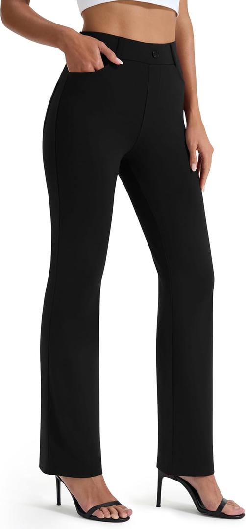AFITNE Women's Yoga Dress Pants Stretchy Straight Leg Bootcut Work Travel Pants Business Office Casual Slacks with Pockets 27" Black, L