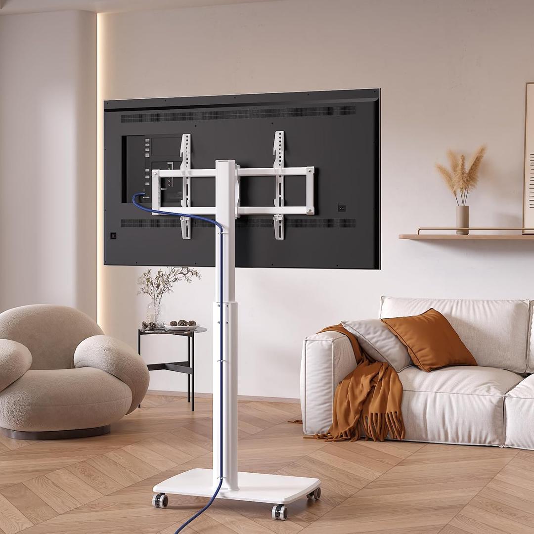 White Rolling TV Stand for 32 to 55 65 75 85 Inch TVs, Corner TV Floor Stand with Mount, Universal Portable Mobile TV Cart on Wheels, Small TV Stand for Bedroom, Living Room, Conference Room