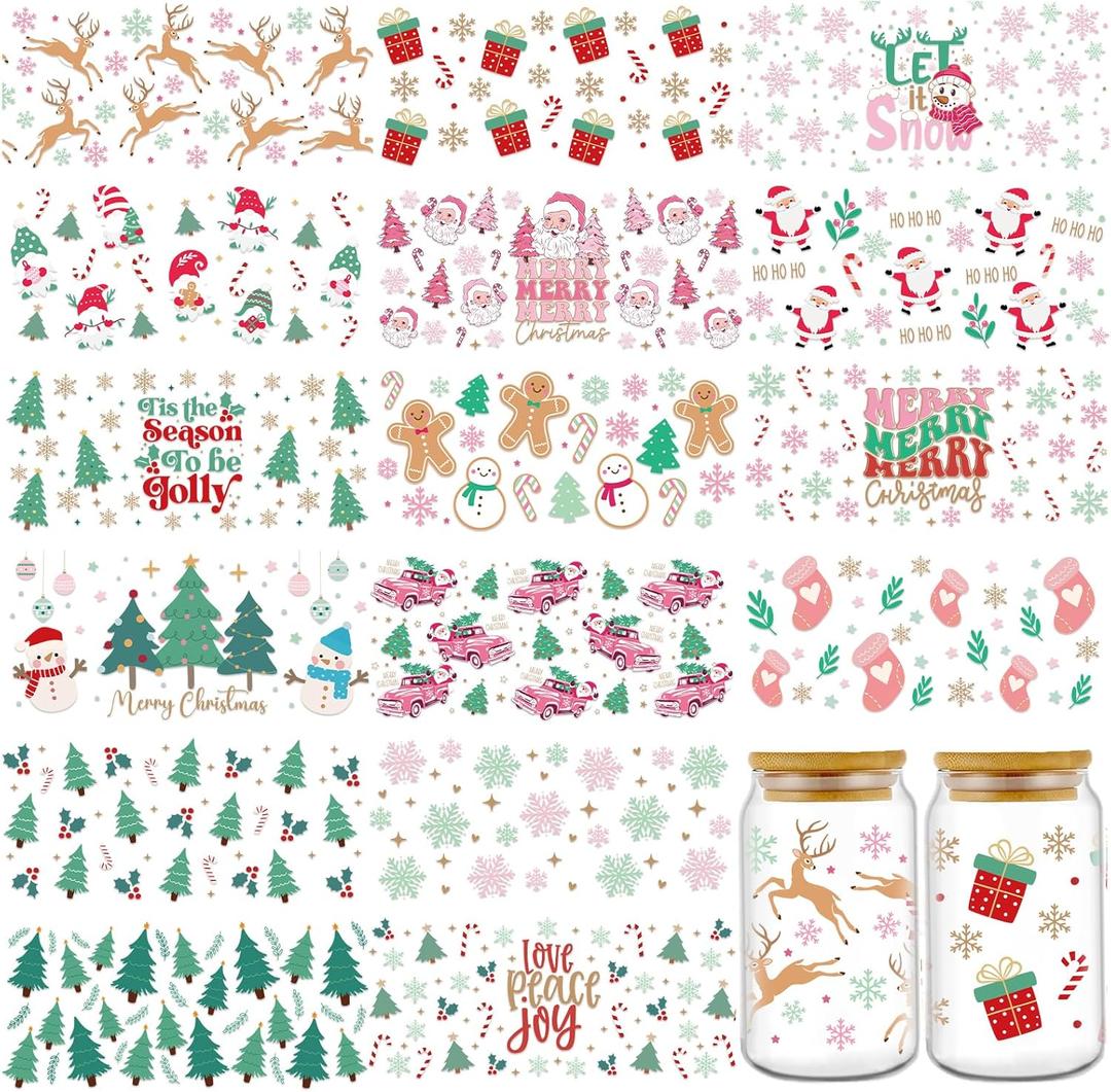 Christmas UV DTF Cup Wrap - 16 Sheets Winter UV DTF Cup Wraps for 16 oz Snowflake Gnome UVDTF Decals Pink Rub on Transfer Stickers for Glass Cups DIY Crafts