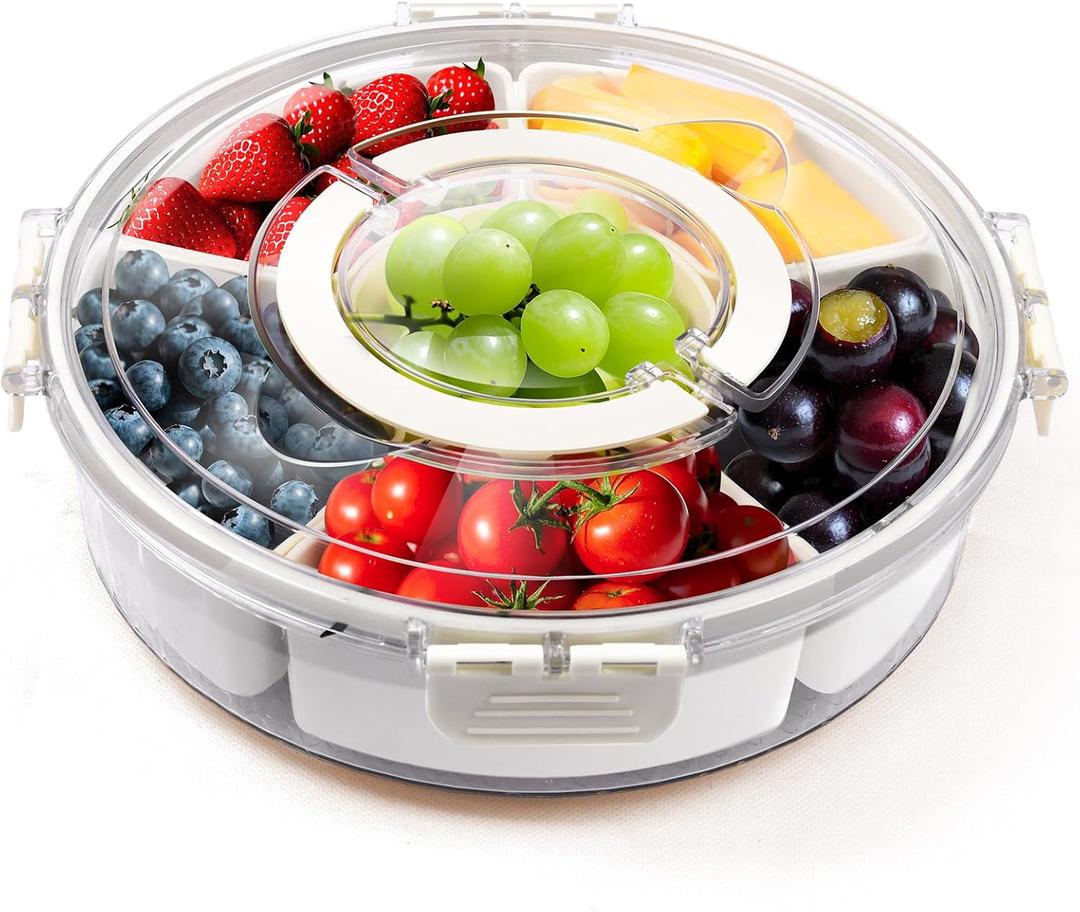 6 Compartment Snack Box Container with Lid and Handle, Divided Serving Tray with 360 Rotating Base, Snack Containers for Adults, Veggie Fruit Tray For Kitchen, Parties, Travel, Cream Color