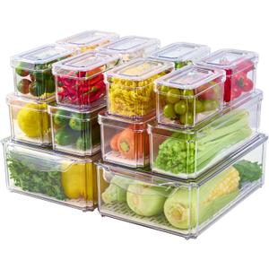 JollyPack 14 Pack Fridge Organizers, Refrigerator Organizer Bins with Lids, BPA Free Stackable Fruit Storage Containers for Fridge, Vegetables, Food and Drinks