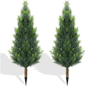 3FT Artificial Topiary Cedar Trees Outdoor, Outdoor Topiary Set of 2 Faux Cypress Plants with Ground Spike, UV Resistant Topiary Trees for Front Porch Garden Backyard Room Decor