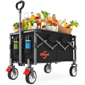 Deomod Collapsible Foldable Wagon, Heavy Duty Wagons Carts Foldable with Two Drink Holders and All Terrain Rolling Wheels with Brake, Utility Grocery Wagon Cart for Camping Shopping Sports and Fishing