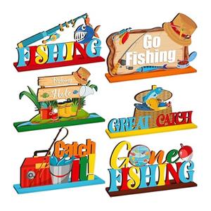 6 Pcs Gone Fishing Table Decorations Summer 3D Sign Table Decor Wooden Fishing Theme Centerpieces Detachable Topper Tiered Tray Decor for Summer Fisherman Birthday Party Supplies