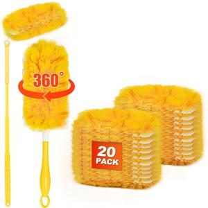 JEHONN Duster Refills for Swiffer 20 Counts, 360 Degree Heavy Duty Dusting Kit with 1 Extendable Handle + 1 Short Handle, Multi-Surface Dust Cleaning Tool for Blinds Bookshelf Furniture Electronics (Yellow)