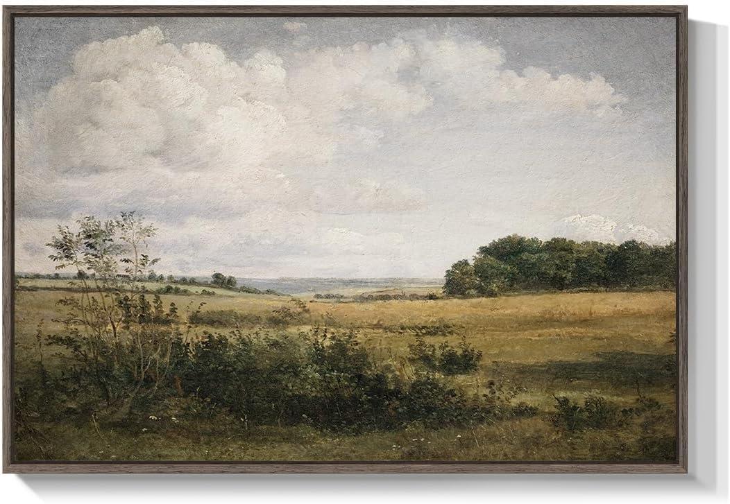 Framed Landscape Wall Art for Living Room, Vintage Farmhouse Countryside Artwork for Walls, Large Retro Rustic Nature Canvas Paintings Prints for Bedroom Kitchen Office Fireplace Wall Decor, 24x36 In (Grassland)