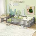 Bellemave Twin Floor Bed with Slats and Safety Guardrails, Kids Montessori Floor Beds with Fence and Door, Easy Assemble Floor Bed for Kids, Girls, Boys, Gray
