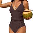 Charmo Tummy Control One Piece Swimsuits for Women Ruched Bathing Suits Strappy V Neck Monokini (Large, #1e Coffee)
