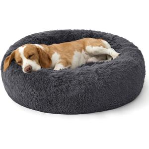 Bedsure SupportMax™ Calming Dog Bed Medium Size Dog - 30in Donut Round Washable Medium Pet Bed, Anti-Slip＆Removable Cover,420GSM Anti-Anxiety Fluffy Plush Faux Fur,Fits up to 45 lbs Pets