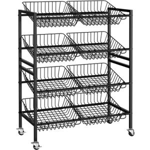Evermagin 25.2''W Kitchen Storage Cart, Rolling Snack Cart, 4 Tier Fruit Basket Vegetable Stand, Metal Pantry Storage Organizer with 8 Removable Baskets for Onion Potato, Black