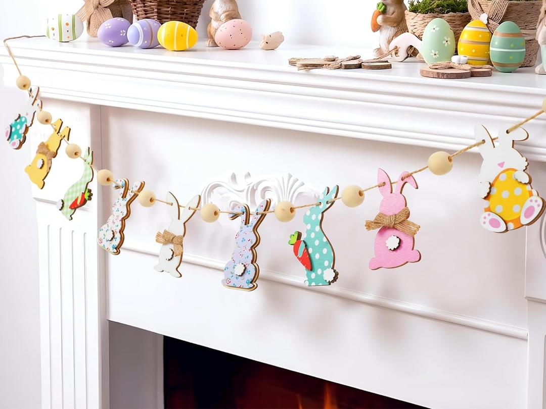 Leinuosen 8.2 ft Easter Bunny Garland Large Wooden Cute Rabbits with Carrot Egg Beads Rustic Easter Banner Decoration for Mantle Fireplace Tree Window Spring Decor Tiered Tray