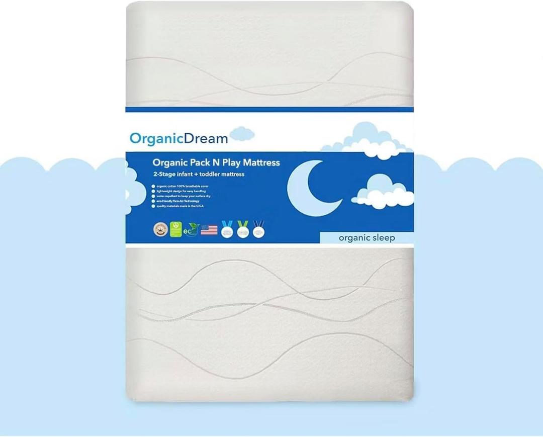ORGANICDREAM Deluxe Pack & Play Mattress I 2-Stage Dual-Sided I GreenGuard Gold Certified I 100% Breathable I Firm Infant Side + Softer Side Memory Foam