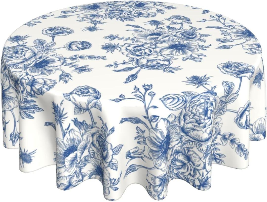 Blue Floral Tablecloth Round 70 x 70 Inch Chinoiserie Flowers Table Cloth Polyester Fabric Vintage Spring Summer Farmhouse Table Cover for Kitchen Party Dining Picnic Outdoor Decor