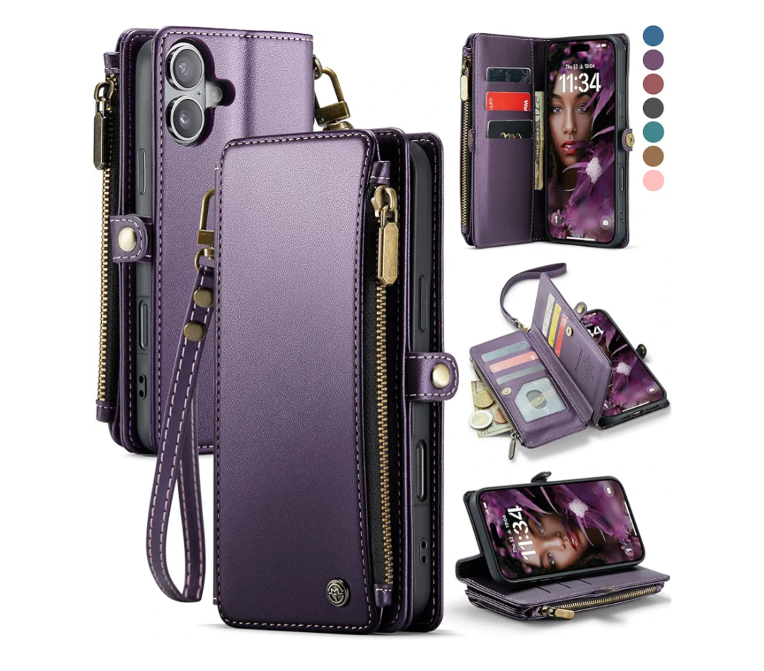 Defencase Compatible with iPhone 17 Case Wallet with RFID Blocking Card Holder for Women and Men, Fashion PU Leather Magnetic Snap Flip Zipper Strap Wallet Phone Case for iPhone 17 6.3", Purple
