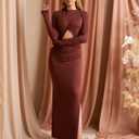 KUTUMAI Long Sleeve Cutout Slit Formal Wedding Guest Dresses for Women 2025 Fall Elegant Bodycon Ruched Maxi Dress Brown XL (XL)