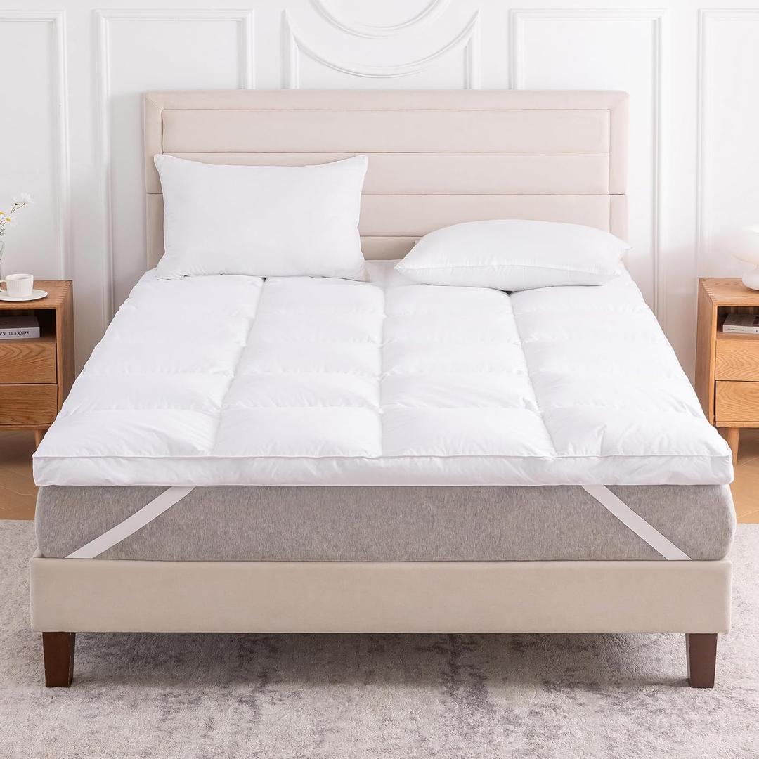 3 Inch White Goose Feather Mattress Topper,Queen Feather Bed Topper,Mattress Cover with Straps,Ultra Soft Pillowtop,100% Organic Cotton Fabric(60x80)