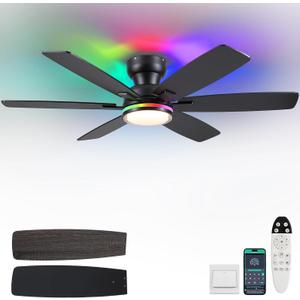 Kviflon 52" Ceiling Fans with RGB Lights, Low Profile Ceiling Fan with Remote/APP Control, Flush Mount, Double-Sided 6 Reversible Blades, RGB+3CCT Dimmable Lights, Double Lampshade for Bedroom, Black