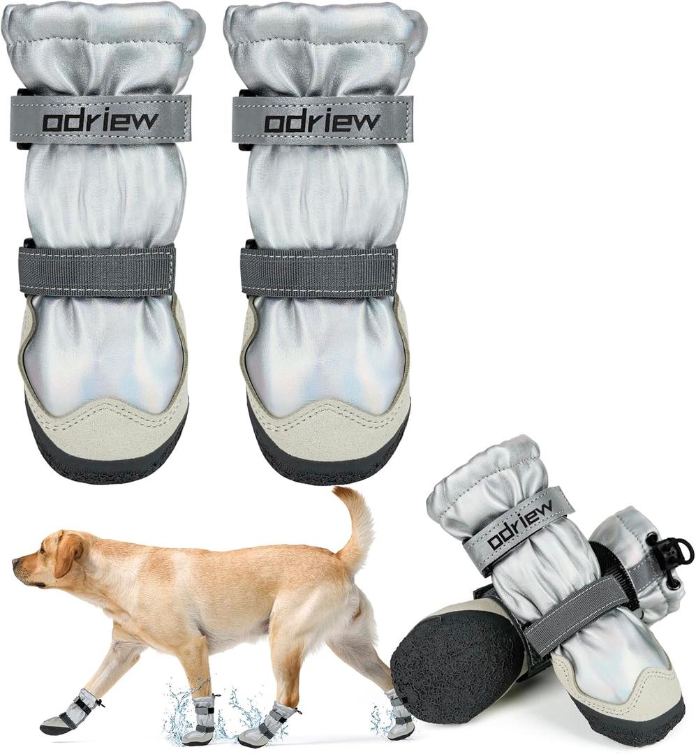 Dog Shoes Large Size Dogs, 4PCS Waterproof Dog Booties-Dog Boots & Paw Protectors, Medium Shoes for Dogs with Reflective Strip, Anti-Slip Sole for Rain, Snow and Summer Hiking. (Silver, 8)