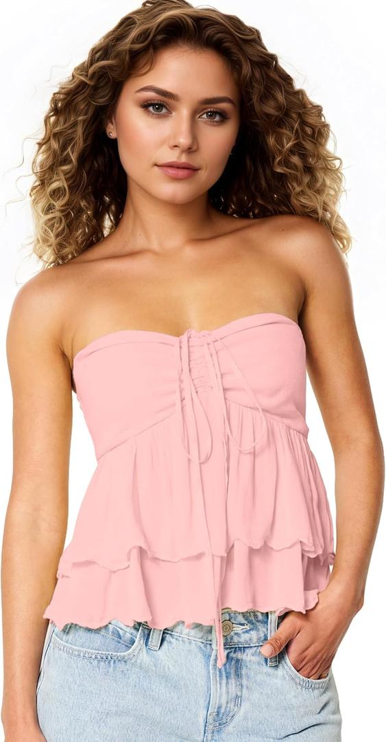 Womens Tiered Ruffled Tube Top Sweetheart Neck Drawstring Ruched Front Tube Tops Smocked Back Halter Babydoll Tops Pink (Pink)
